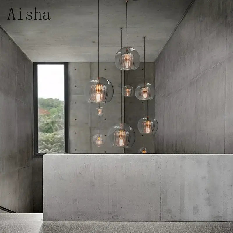 Modern ribbed glass ball led pendant light kitchen hanging lamp