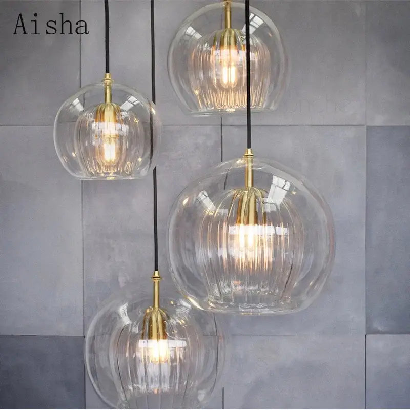 Modern ribbed glass ball led pendant light kitchen hanging lamp