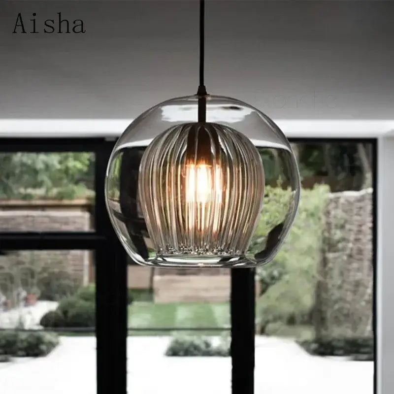 Modern ribbed glass ball led pendant light kitchen hanging lamp