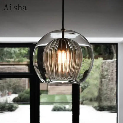 Modern ribbed glass ball led pendant light kitchen hanging lamp
