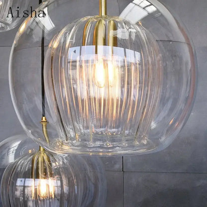 Modern ribbed glass ball led pendant light kitchen hanging lamp