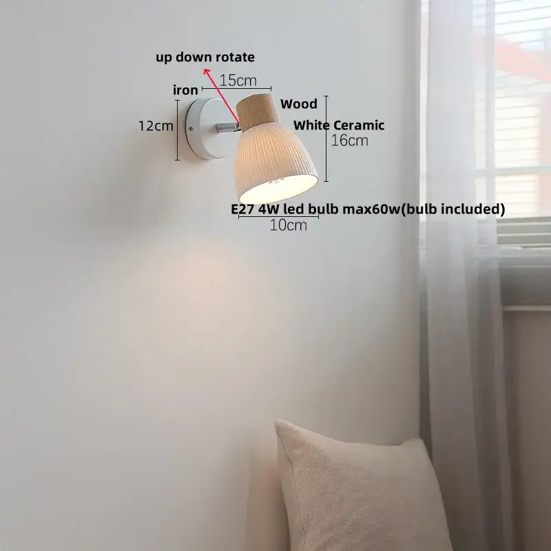 Modern ribbed glass ceramic led wall lights bedroom wood base lamp