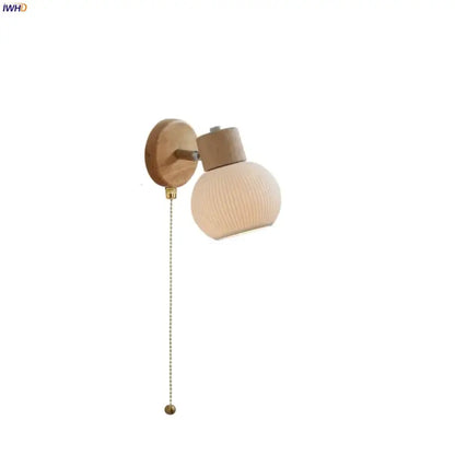 Modern ribbed glass ceramic led wall lights bedroom wood base lamp