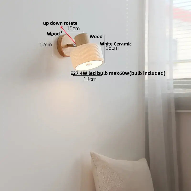 Modern ribbed glass ceramic led wall lights bedroom wood base lamp