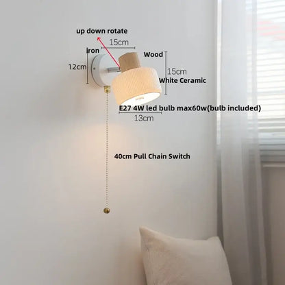 Modern ribbed glass ceramic led wall lights bedroom wood base lamp