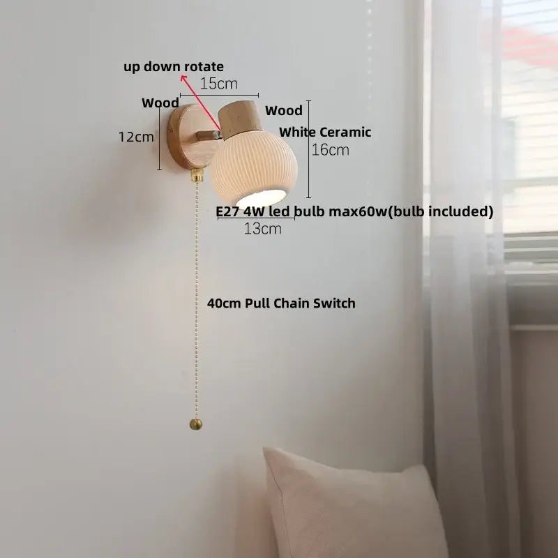 Modern ribbed glass ceramic led wall lights bedroom wood base lamp
