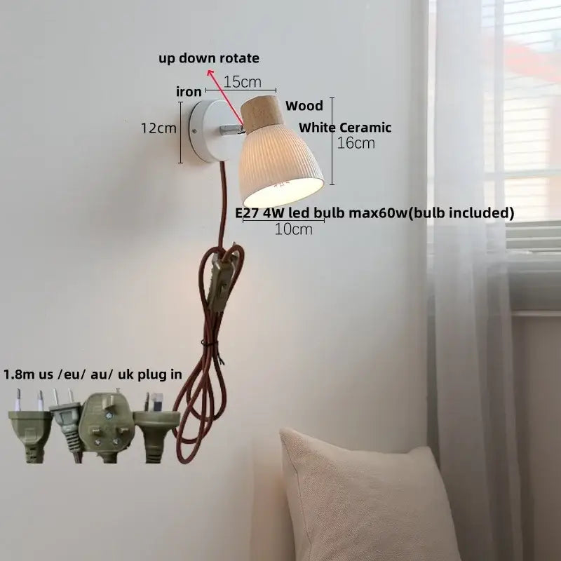 Modern ribbed glass ceramic led wall lights bedroom wood base lamp