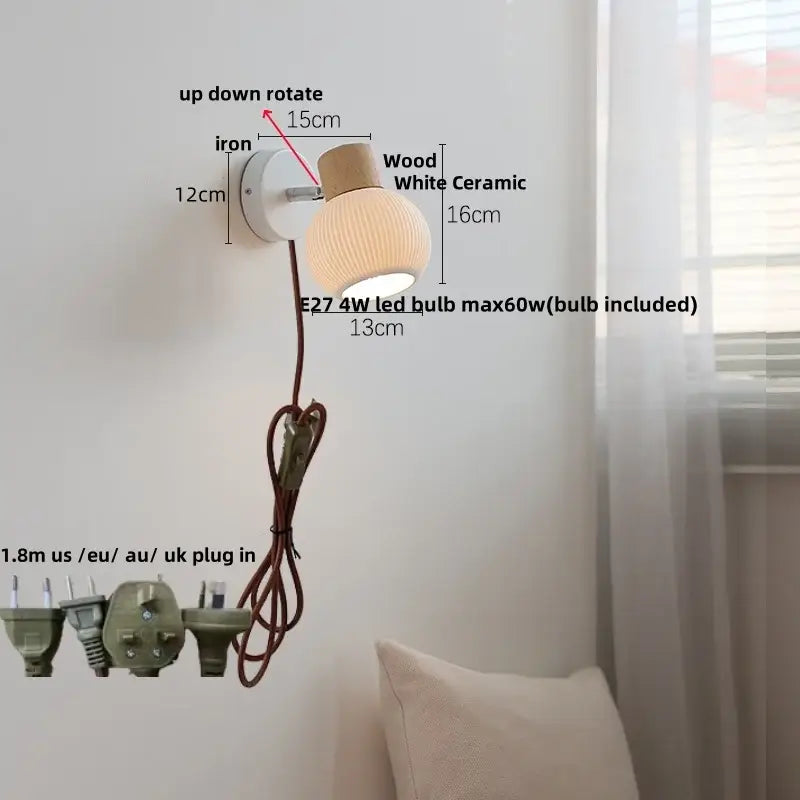 Modern ribbed glass ceramic led wall lights bedroom wood base lamp