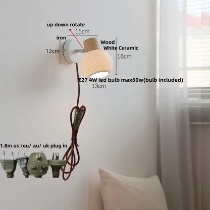 Modern ribbed glass ceramic led wall lights bedroom wood base lamp
