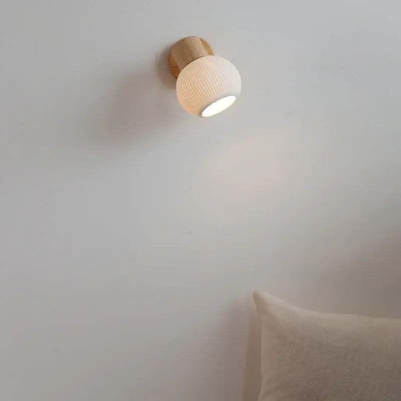 Modern ribbed glass ceramic led wall lights bedroom wood base lamp