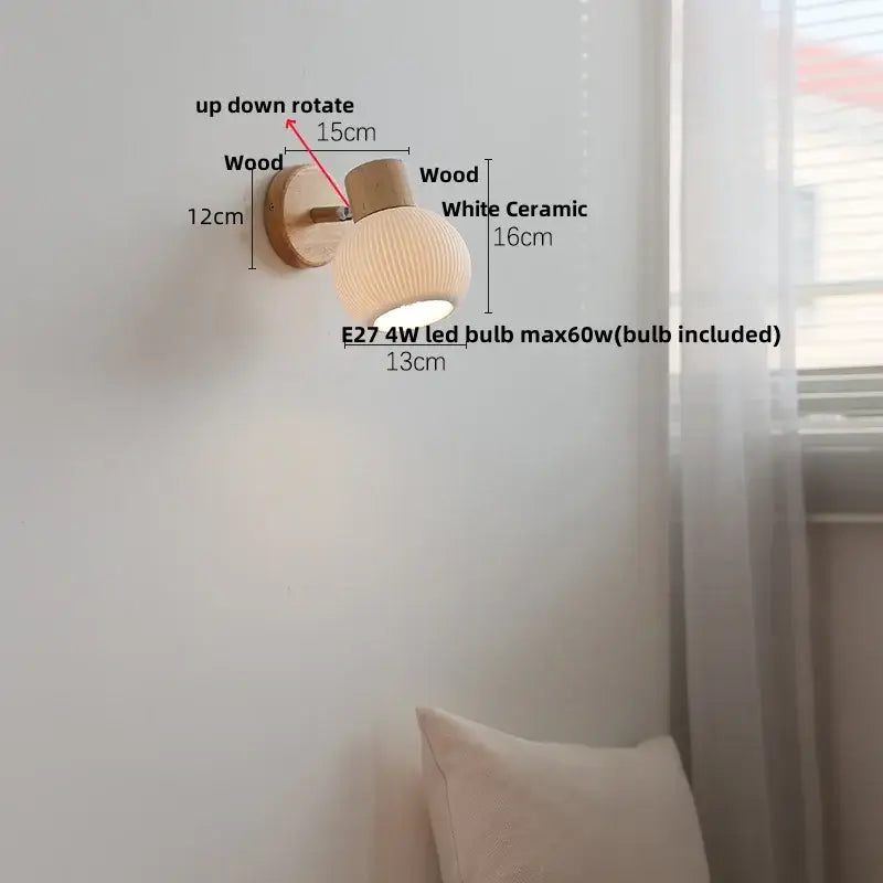 Modern ribbed glass ceramic led wall lights bedroom wood base lamp