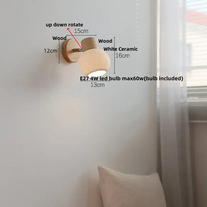 Modern ribbed glass ceramic led wall lights bedroom wood base lamp