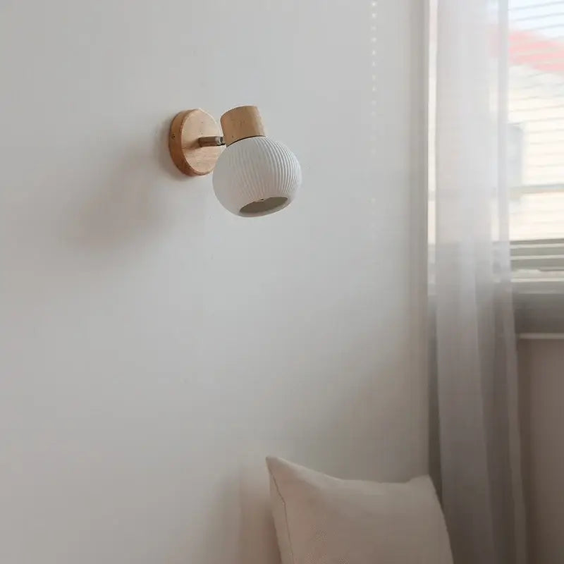 Modern ribbed glass ceramic led wall lights bedroom wood base lamp