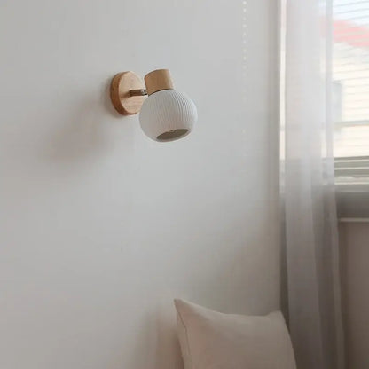 Modern ribbed glass ceramic led wall lights bedroom wood base lamp