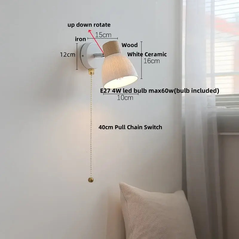 Modern ribbed glass ceramic led wall lights bedroom wood base lamp