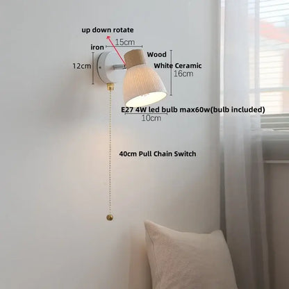 Modern ribbed glass ceramic led wall lights bedroom wood base lamp