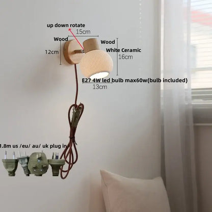 Modern ribbed glass ceramic led wall lights bedroom wood base lamp