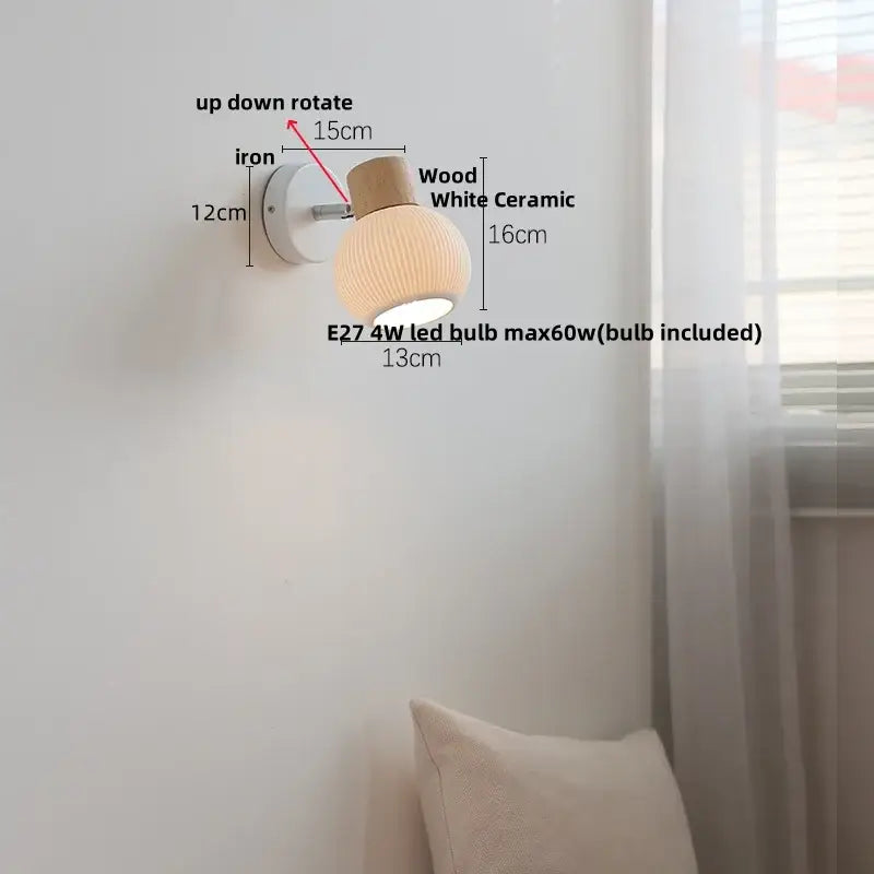 Modern ribbed glass ceramic led wall lights bedroom wood base lamp