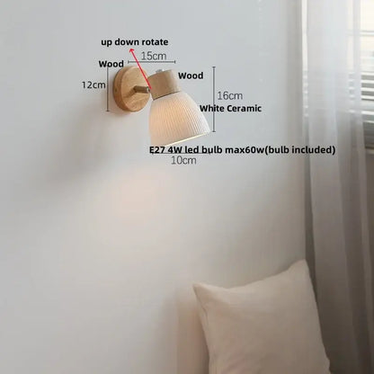 Modern ribbed glass ceramic led wall lights bedroom wood base lamp