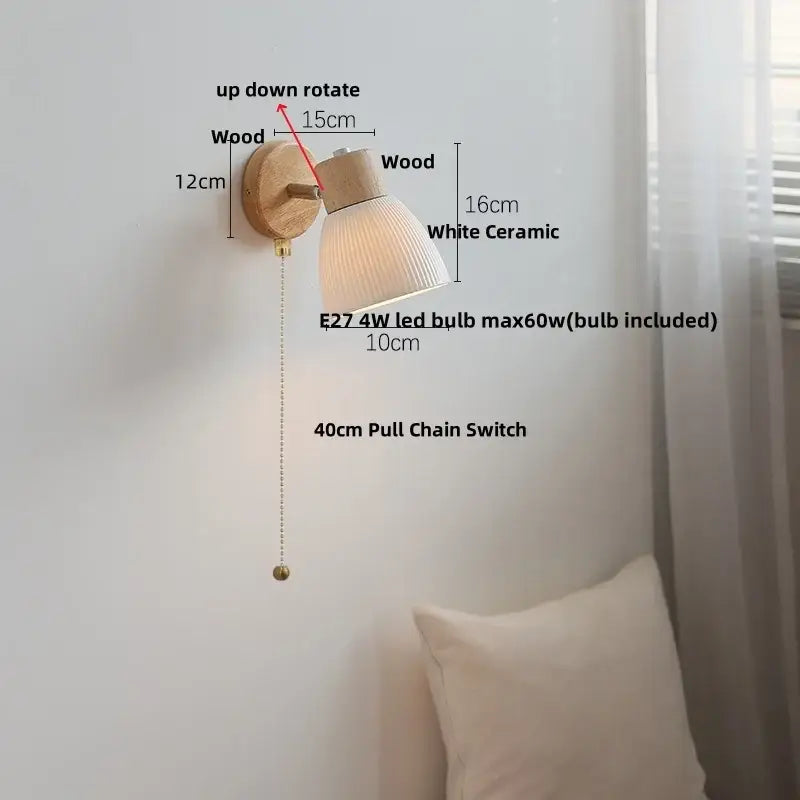 Modern ribbed glass ceramic led wall lights bedroom wood base lamp