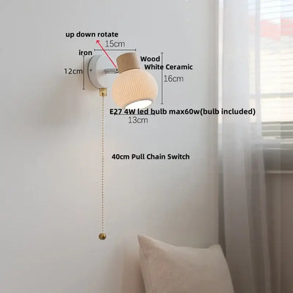 Modern ribbed glass ceramic led wall lights bedroom wood base lamp