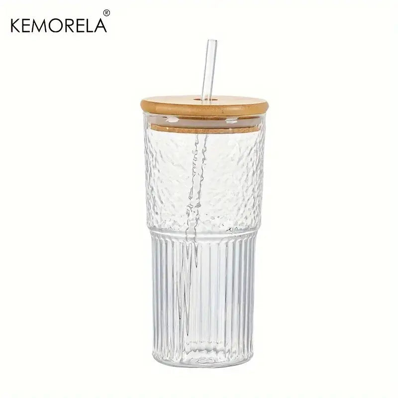 Modern ribbed glass cup with lid and straw kitchen drinking glass