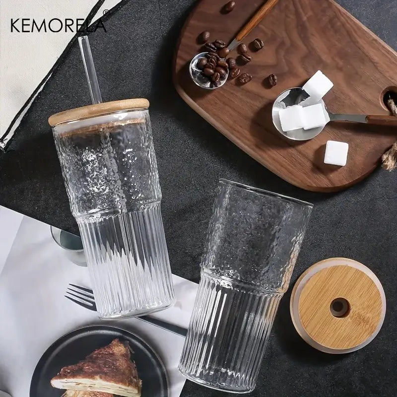 Modern ribbed glass cup with lid and straw kitchen drinking glass