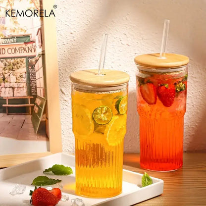 Modern ribbed glass cup with lid and straw kitchen drinking glass