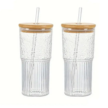 Modern ribbed glass cup with lid and straw kitchen drinking glass