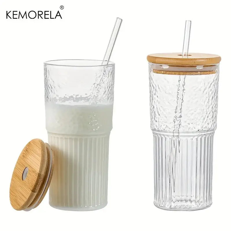 Modern ribbed glass cup with lid and straw kitchen drinking glass