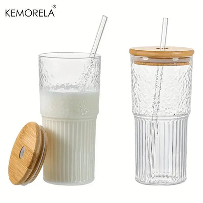Modern ribbed glass cup with lid and straw kitchen drinking glass