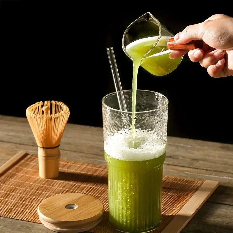 Modern ribbed glass cup with lid and straw kitchen drinking glass