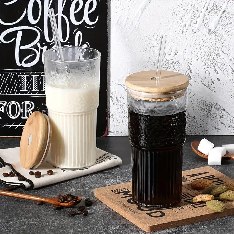 Modern ribbed glass cup with lid and straw kitchen drinking glass