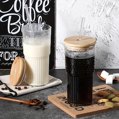Modern ribbed glass cup with lid and straw kitchen drinking glass