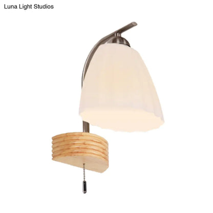 DecorBites™ Modern Ribbed Glass Flared Sconce Light Fixture with Pull Chain and Wood Backplate - 1 Head Wall Lamp