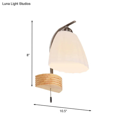 DecorBites™ Modern Ribbed Glass Flared Sconce Light Fixture with Pull Chain and Wood Backplate - 1 Head Wall Lamp