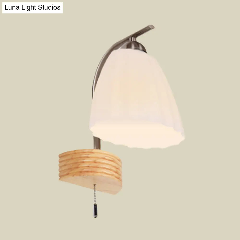 DecorBites™ Modern Ribbed Glass Flared Sconce Light Fixture with Pull Chain and Wood Backplate - 1 Head Wall Lamp