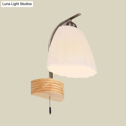 DecorBites™ Modern Ribbed Glass Flared Sconce Light Fixture with Pull Chain and Wood Backplate - 1 Head Wall Lamp