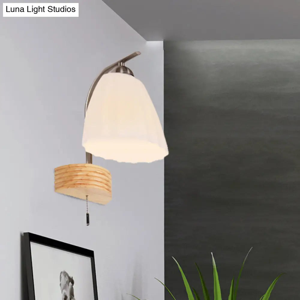 DecorBites™ Modern Ribbed Glass Flared Sconce Light Fixture with Pull Chain and Wood Backplate - 1 Head Wall Lamp