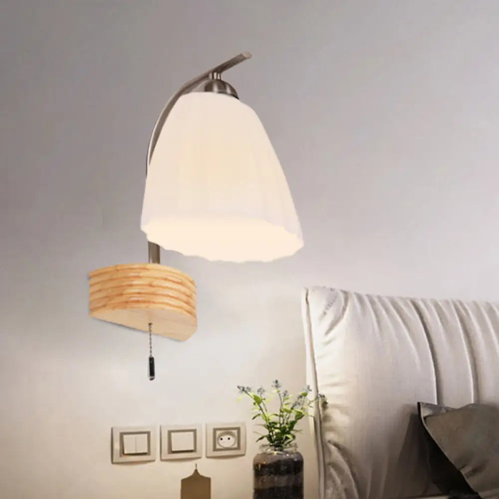 DecorBites™ Modern Ribbed Glass Flared Sconce Light Fixture with Pull Chain and Wood Backplate - 1 Head Wall Lamp