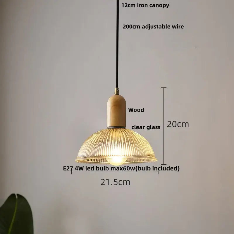 Modern ribbed glass led pendant light wood & brass kitchen chandelier