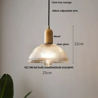Modern ribbed glass led pendant light wood & brass kitchen chandelier
