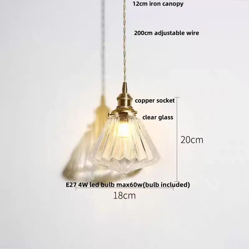 Modern ribbed glass led pendant light wood & brass kitchen chandelier