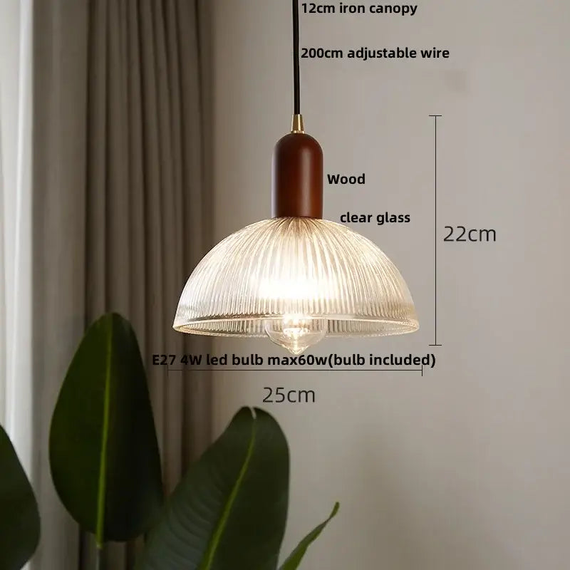 Modern ribbed glass led pendant light wood & brass kitchen chandelier