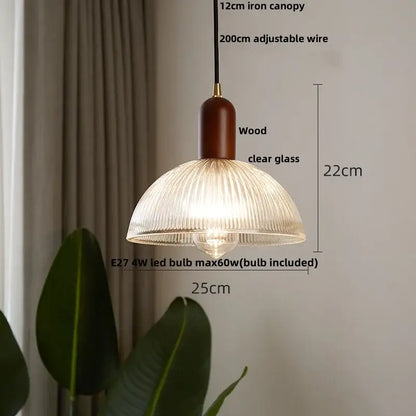 Modern ribbed glass led pendant light wood & brass kitchen chandelier