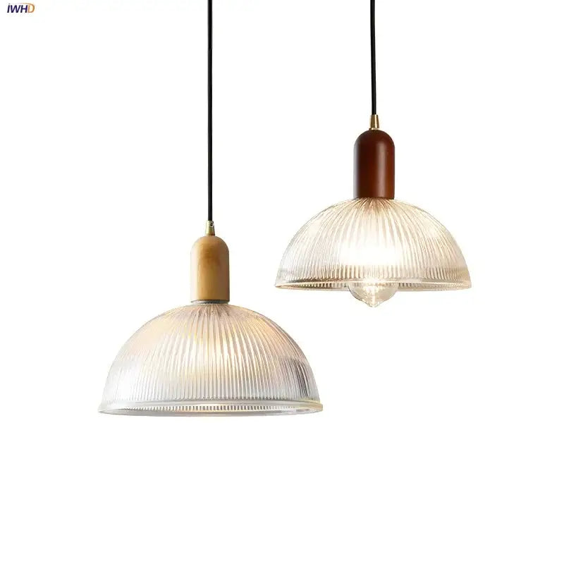 Modern ribbed glass led pendant light wood & brass kitchen chandelier
