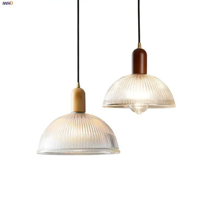 Modern ribbed glass led pendant light wood & brass kitchen chandelier