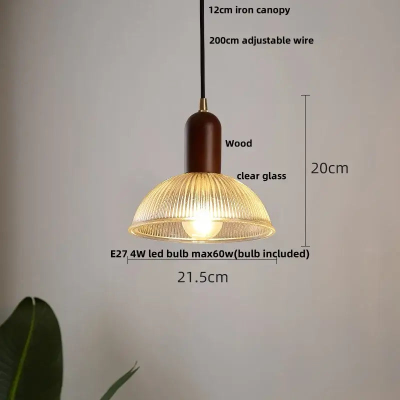 Modern ribbed glass led pendant light wood & brass kitchen chandelier