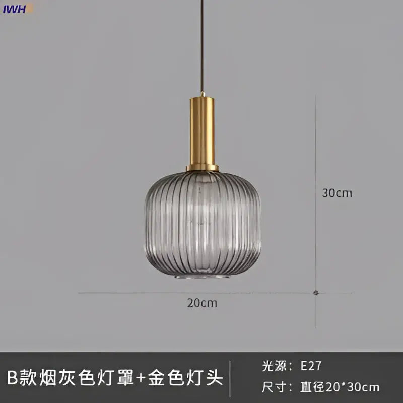 Modern ribbed glass pendant lights for dining room with brass stem