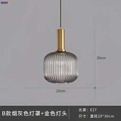 Modern ribbed glass pendant lights for dining room with brass stem